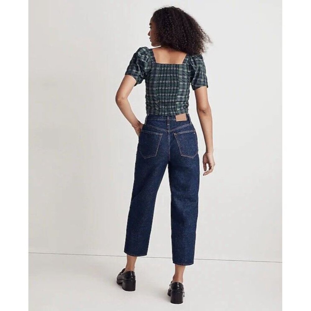 Madewell Hopewell Puff-Sleeve Crop Top Women Green Blue Plaid Blouse Size Small - Picture 4 of 4
